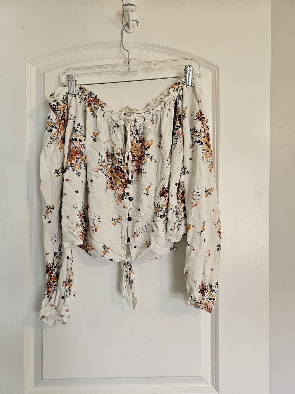 Rewind Cream Off-Shoulder Floral Button-Front Blouse